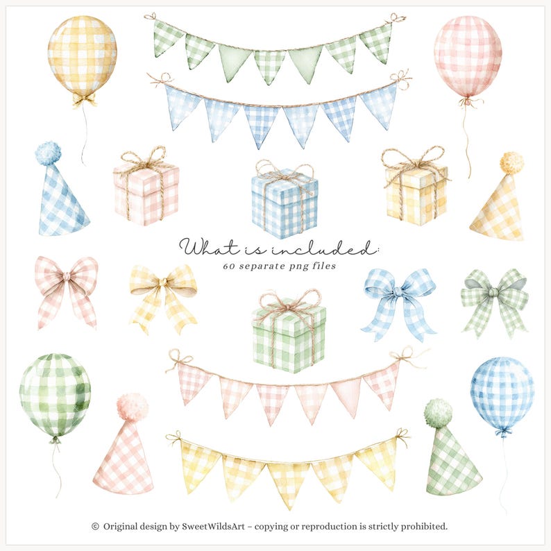 May include: Watercolor illustrations of party decorations, including balloons, gift boxes, bows, party hats, and bunting. The designs feature pastel colors and gingham patterns. Text reads "What is included 60 separate png files."