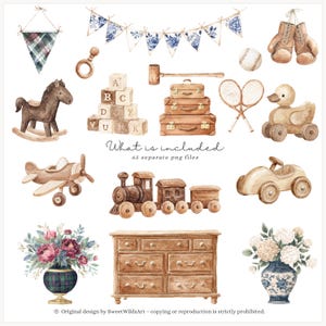 May include: Watercolor illustration of vintage toys and decor, including a rocking horse, airplane, train, and dresser. Other items include a baseball, boxing gloves, and a duck on wheels. The text "What is included" is visible.