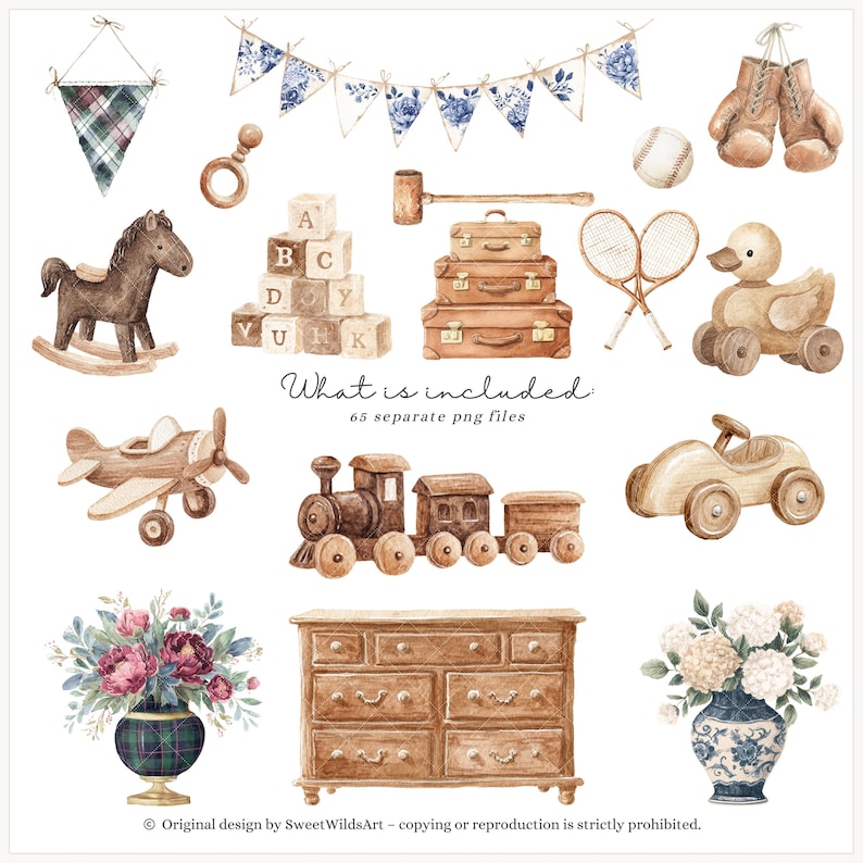 May include: Watercolor illustration of vintage toys and decor, including a rocking horse, airplane, train, and dresser. Other items include a baseball, boxing gloves, and a duck on wheels. The text "What is included" is visible.