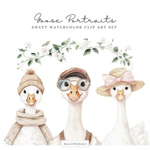 May include: Three watercolor illustrations of geese with different accessories. The goose on the left is wearing a brown knit hat and scarf. The goose in the middle is wearing a brown cap and glasses. The goose on the right is wearing a straw hat with a pink bow. The geese are all smiling and have white feathers.