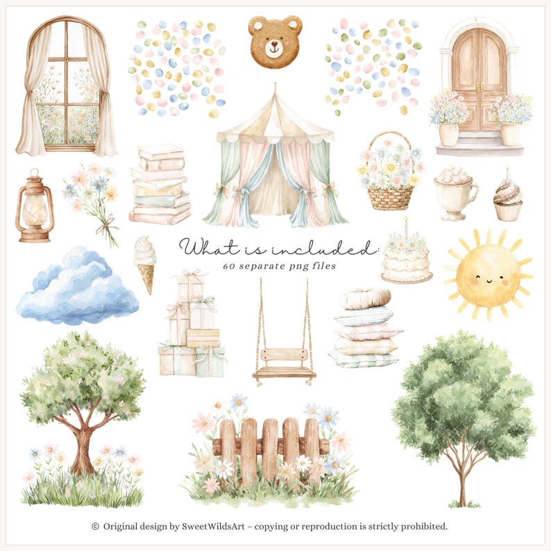 May include: Watercolor illustrations of various objects, including a window, a teddy bear, a tent, a stack of books, a bouquet of flowers, a cloud, a swing, a fence, a tree, and more. The text "What is included 60 separate png files" is also present.