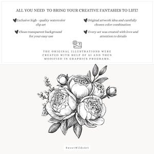May include: A monochrome illustration of peonies and foliage. The image includes text that reads "ALL YOU NEED TO BRING YOUR CREATIVE FANTASIES TO LIFE!" and "Sweet WildsArt".
