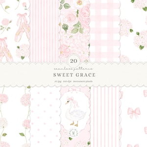 Peut inclure: Une collection numérique de 20 motifs sans couture intitulée SWEET GRACE, présentant des designs rose clair et blanc incluant des chaussons de danse, des roses, des hortensias, des vichys, des rayures, des pois, des nœuds et un cygne.