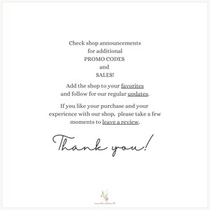 May include: A cream-coloured background with black text. The text includes: "Check shop announcements for additional PROMO CODES and SALES!" and "Add the shop to your favourites and follow for our regular updates."