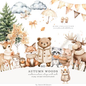 Può includere: Set di clip art ad acquerello con animali del bosco in abiti autunnali. L'immagine presenta un cervo, una volpe, un orso, un procione, un maiale, un alce, un gufo e un riccio. Il testo recita "Autumn Woods".