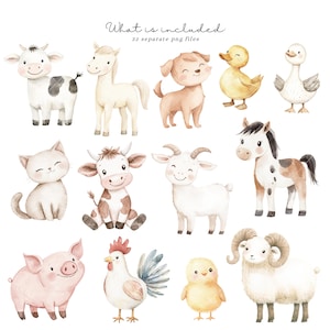 May include: Watercolor illustrations of farm animals, including a cow, horse, dog, duck, goose, cat, goat, pig, rooster, chick, and sheep. The image includes the text "What is included" and "32 separate png files".