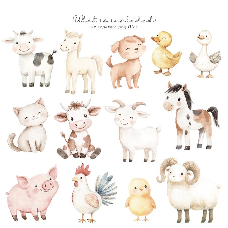 May include: Watercolor illustrations of farm animals, including a cow, horse, dog, duck, goose, cat, goat, pig, rooster, chick, and sheep. The image includes the text "What is included" and "32 separate png files".