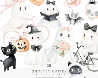 Watercolor Cute Halloween Clipart Bundle, Spooky Ghosts Clip Art, Pumpkin Clipart, Kids Halloween PNG, Cute Little Ghost