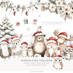 Clipart di amici del bosco ad acquerello, simpatici animali natalizi in formato PNG, clipart di bambini di Natale, cuccioli invernali in formato PNG, baby shower di Natale
