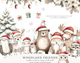 Watercolor Woodland Friends Clipart, Cute Xmas Animals PNG, Christmas Babies Clip Art, Winter Baby Animals PNG, Christmas Baby Shower