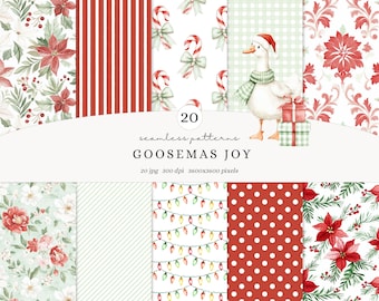 Watercolor Christmas Seamless Patterns, Red Holiday Scrapbook Paper (Digital Download)
