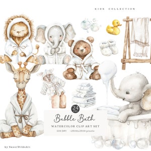 Aquarell Schaumbad Tiere Clipart, Badezeit Clip Art, Badeente, niedliche Baby-Tiere PNG, Clipart für Kinder, Shampoo, digitaler Download