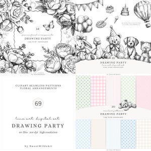 Tekening partij lijntekeningen clipart, verjaardag dieren, zwart-wit teddybeer Bunny Duck hond Kids Party Clip Art Set, digitale download