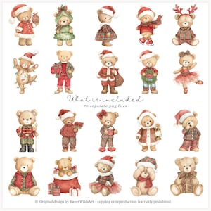 K&ouml;nnte beinhalten: Aquarellillustrationen von Teddyb&auml;ren in festlicher Weihnachtskleidung. Die B&auml;ren tragen Weihnachtsm&uuml;tzen, Kleider und Pyjamas. Einige halten Geschenke, Ornamente oder Laternen. Der Text lautet "What is included" und "70 separate png files".