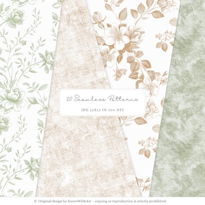 May include: A collection of 20 seamless patterns in various designs. The patterns include floral and textured styles in shades of green, beige, and white. The image includes the text "20 Seamless Patterns" and "JPG 12x12 IN 300 DPI".