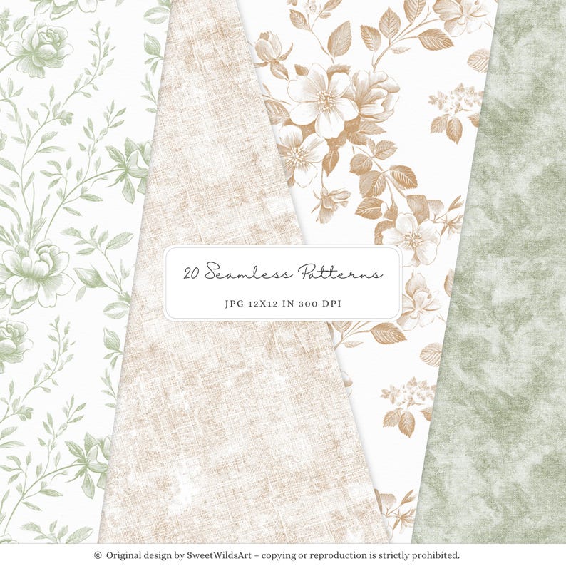 May include: A collection of 20 seamless patterns in various designs. The patterns include floral and textured styles in shades of green, beige, and white. The image includes the text "20 Seamless Patterns" and "JPG 12x12 IN 300 DPI".