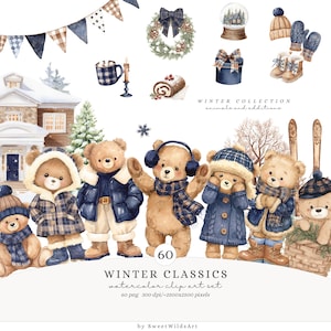 May include: Watercolor clip art set featuring winter-themed illustrations. Includes teddy bears in winter attire, a snow globe, a wreath, and other seasonal elements. The text reads "WINTER CLASSICS watercolor clip art set".