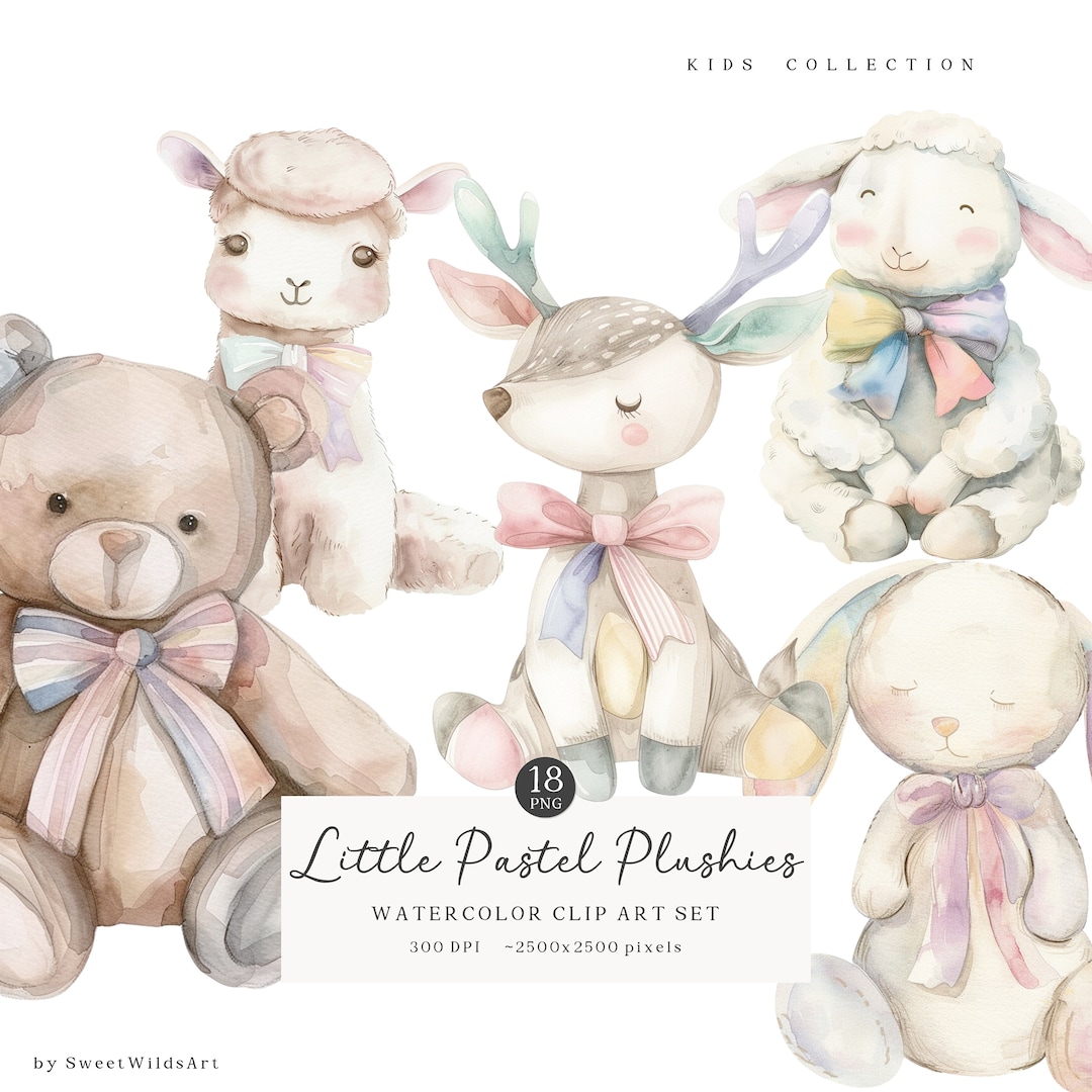 Watercolor Plush Animals Clipart Bundle, Pastel Cozy Vintage Nursery ...