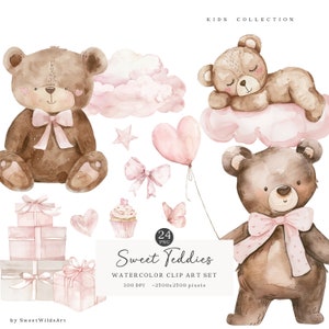Bundle de cliparts aquarelle rose ours en peluche, peluches douces chambre d'enfant animaux Clip Art, jolie fête inviter PNG, bébé animal déco Scrapbooking