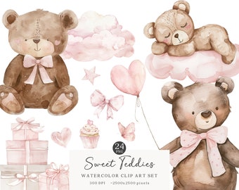 Watercolor Pink Teddy Bear Clipart Bundle, Sweet Teddies Nursery Animal Clip Art, Cute Party Invite PNG, Baby Animal Decor Scrapbooking