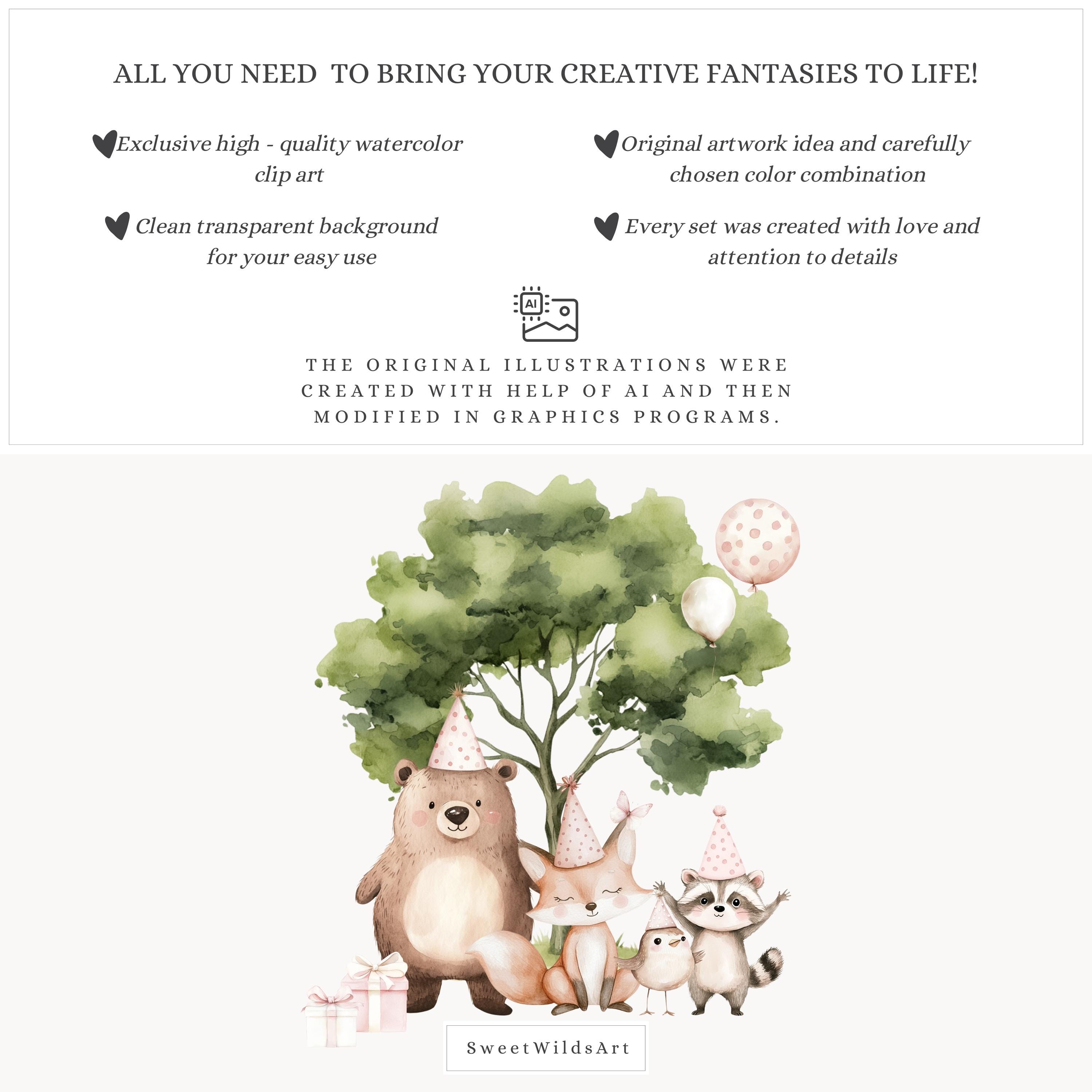 Watercolor Woodland Animal Clipart, Birthday Friends PNG (digital ...