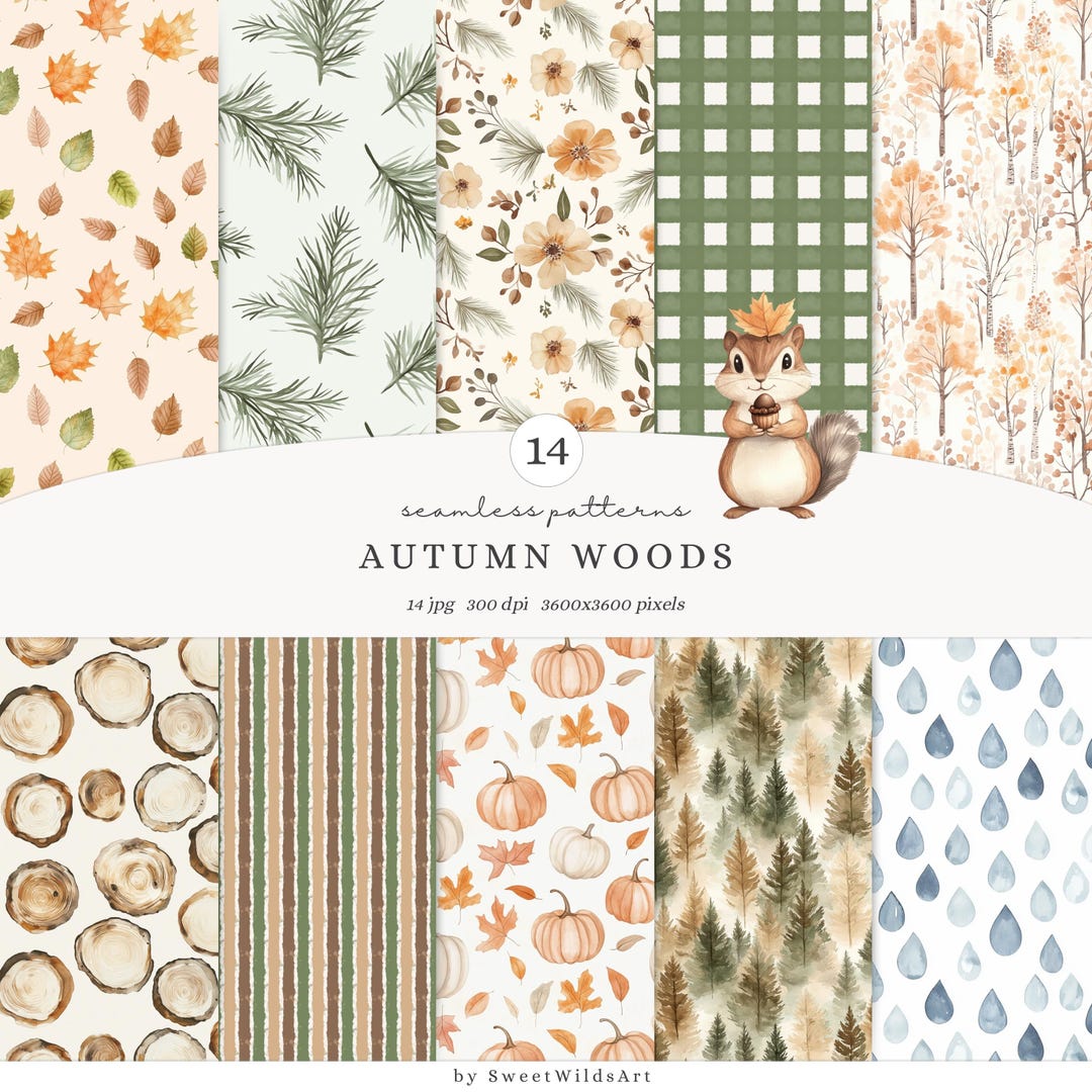 Autumn Rustic Pattern Watercolor Autumn Woods Seamless Patterns, Cozy Woodland Patterns, Fall ...