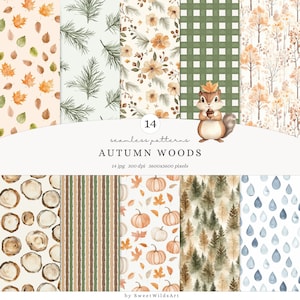 May include: A collection of 14 seamless patterns with an autumn theme. The patterns include leaves, pine needles, flowers, pumpkins, and tree illustrations. A cute squirrel holding an acorn is also featured. The text "AUTUMN WOODS" is displayed.