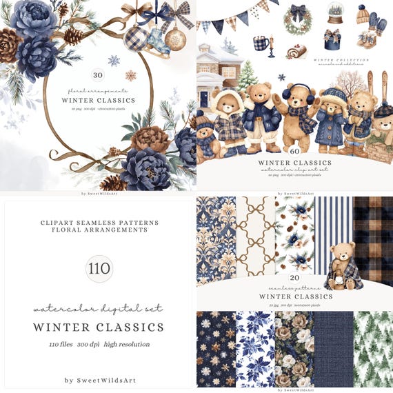 Watercolor Winter Teddy Bears Clipart, Tartan Holiday Clipart, Cute Bears PNG, Festive Nursery PNG, Winter Animals, Digital Download