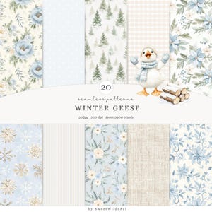 May include: A digital art collection titled "Winter Geese" featuring 20 seamless patterns. The patterns include floral designs, snowflakes, and a cute goose illustration. The color palette is soft, with blues, whites, and beige tones.