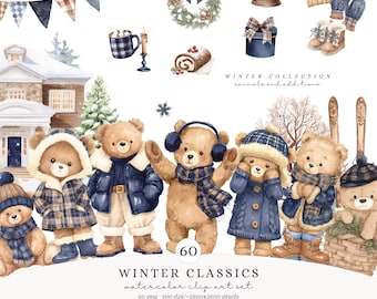 May include: Watercolor clip art set featuring winter-themed illustrations. Includes teddy bears in winter attire, a snow globe, a wreath, and other seasonal elements. The text reads "WINTER CLASSICS watercolor clip art set".