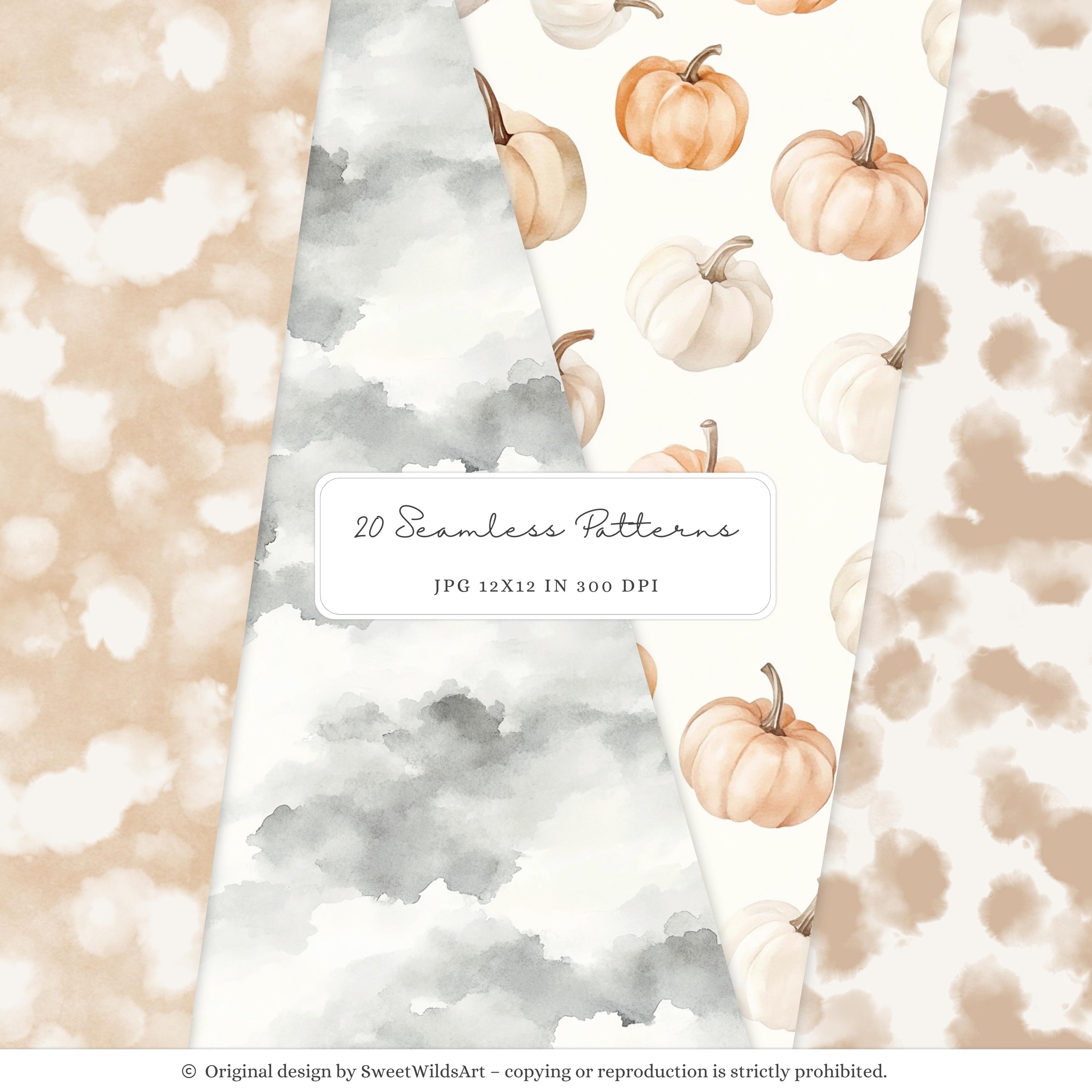 Watercolor Autumn Season Seamless Patterns, Cozy Fall Pattern, Pumpkins ...