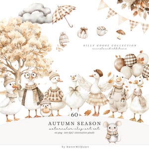 Könnte beinhalten: Aquarell-Clip-Art-Set mit herbstlichen Themen, das Gänse in warmer Kleidung und Accessoires zeigt. Das Bild enthält Ballons, einen Baum und einen Regenschirm. Der Text lautet "Autumn Season" und "Silly Goose Collection".