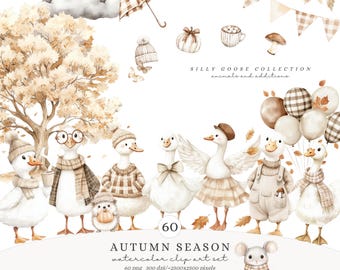 Watercolor Autumn Goose Clipart Set, Fall Animal PNG ((Digital Download)