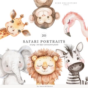 Retratos de safári em aquarela clipart, animais fofos clipart, animais bebês, clipart de chá de bebê, berçário de safári, animais tropicais boho