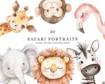 Puede incluir: Un conjunto de 20 ilustraciones de acuarela de animales de safari, que incluyen una jirafa, un mono, un flamenco, un elefante, un león y una cebra. Las ilustraciones son de estilo de dibujos animados y son perfectas para usar en libros para niños, tarjetas u otros proyectos creativos. KIDS COLLECTION 2024. 20 png 300 dpi/~2500x2500 pixels. by Sweet WildsArt