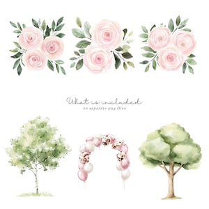 May include: A set of watercolor illustrations featuring pink flowers, green leaves, and trees. The illustrations are perfect for creating invitations, cards, and other paper crafts.