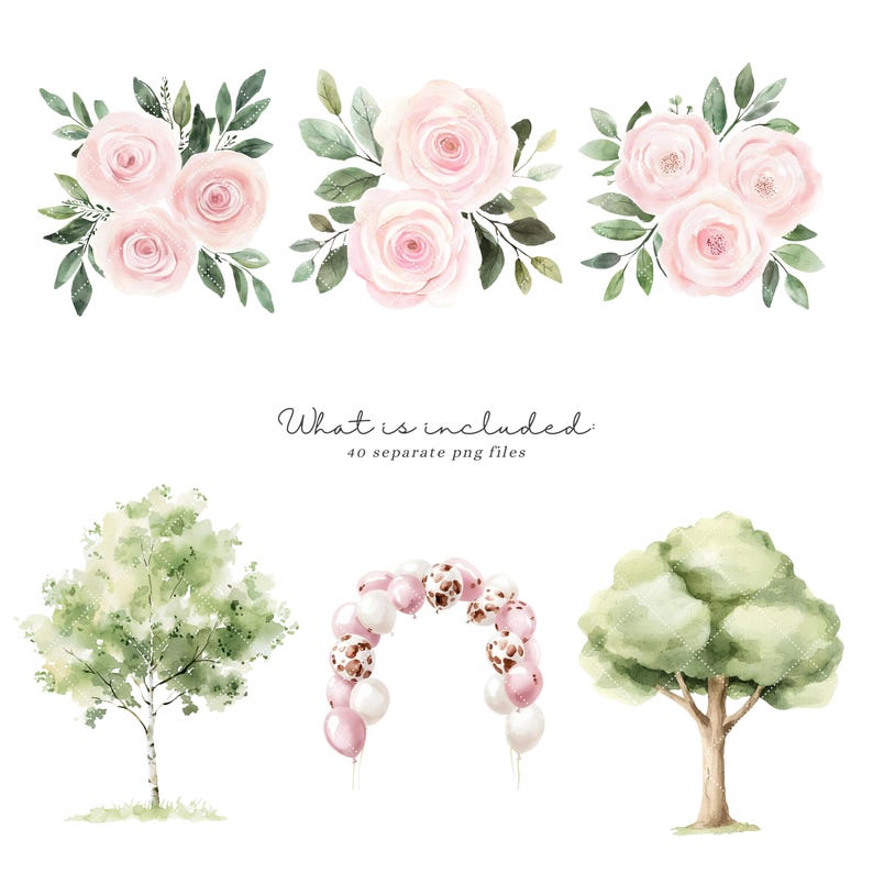 May include: A set of watercolor illustrations featuring pink flowers, green leaves, and trees. The illustrations are perfect for creating invitations, cards, and other paper crafts.