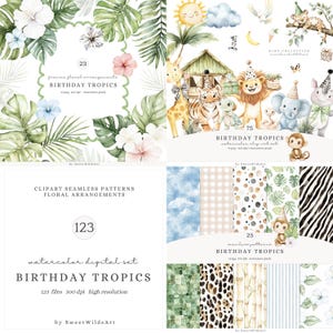 Aquarelle anniversaire Tropiques Clipart, Clipart anniversaire jungle, bébés animaux, Clipart animaux tropicaux, chambre d'enfant Safari, animaux de la safari PNG