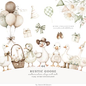 May include: Watercolor clip art set featuring charming white geese in various outfits, balloons, gift boxes, and floral accents. The text "RUSTIC GOOSE" and "KIDS COLLECTION" are visible. The set includes 44 PNG files, perfect for children's crafts and designs.