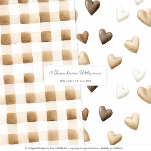 May include: A digital paper pack with 10 seamless patterns featuring a brown and white gingham pattern and a white background with brown, beige, and white hearts. The text "10 Seamless Patterns" and "JPG 12X12 IN 300 DPI" is included in the image.