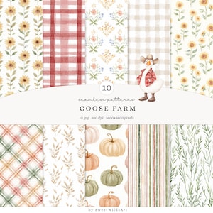 Op de afbeelding: Een verzameling van tien naadloze patronen met een boerderijthema. De patronen omvatten zonnebloemen, ruitjes, bloemmotieven en pompoenen. Een gans met een cowboyhoed en een rood geruit overhemd is ook te zien. De tekst "Goose Farm" wordt weergegeven.