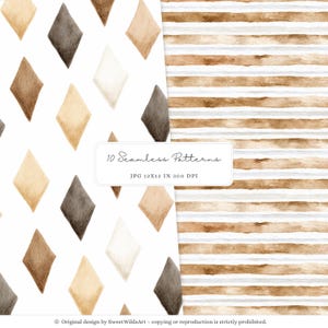 May include: Two seamless patterns in brown, beige, and gray. The first pattern features a repeating diamond shape. The second pattern features horizontal stripes.