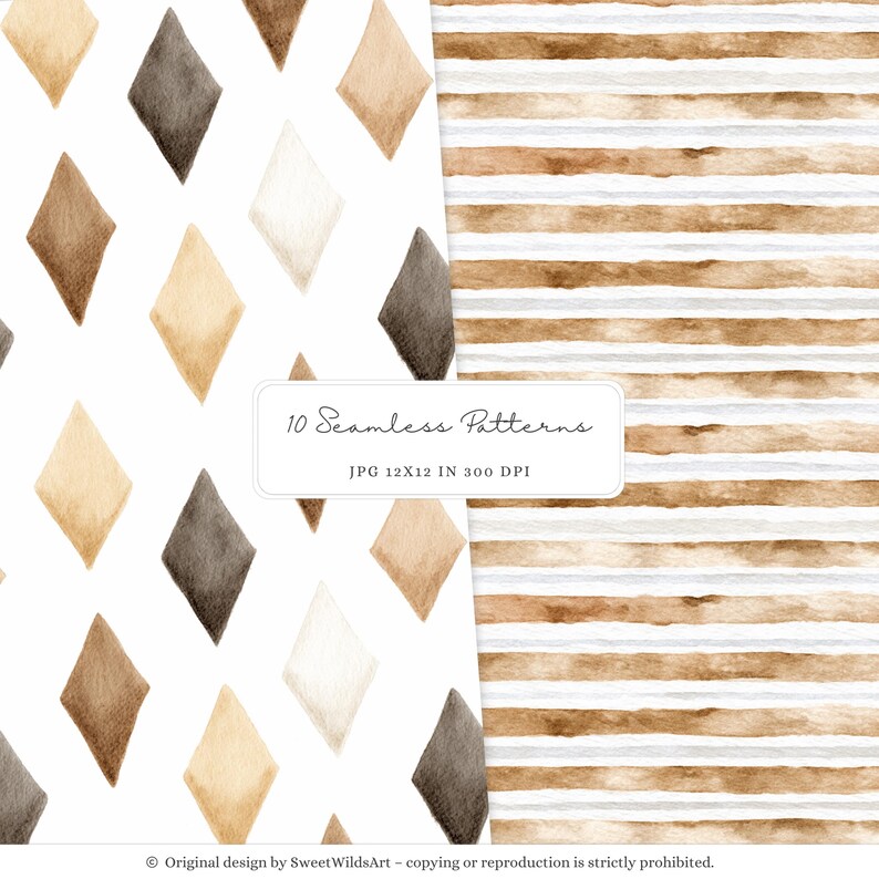 May include: Two seamless patterns in brown, beige, and gray. The first pattern features a repeating diamond shape. The second pattern features horizontal stripes.