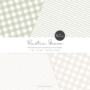 Pode incluir: Quatro padr&otilde;es de aquarela sem costura em uma paleta de cores neutras. Os padr&otilde;es incluem designs xadrez e listrados. O texto "Rustic Goose" &eacute; exibido em uma escrita elegante, juntamente com outros detalhes.