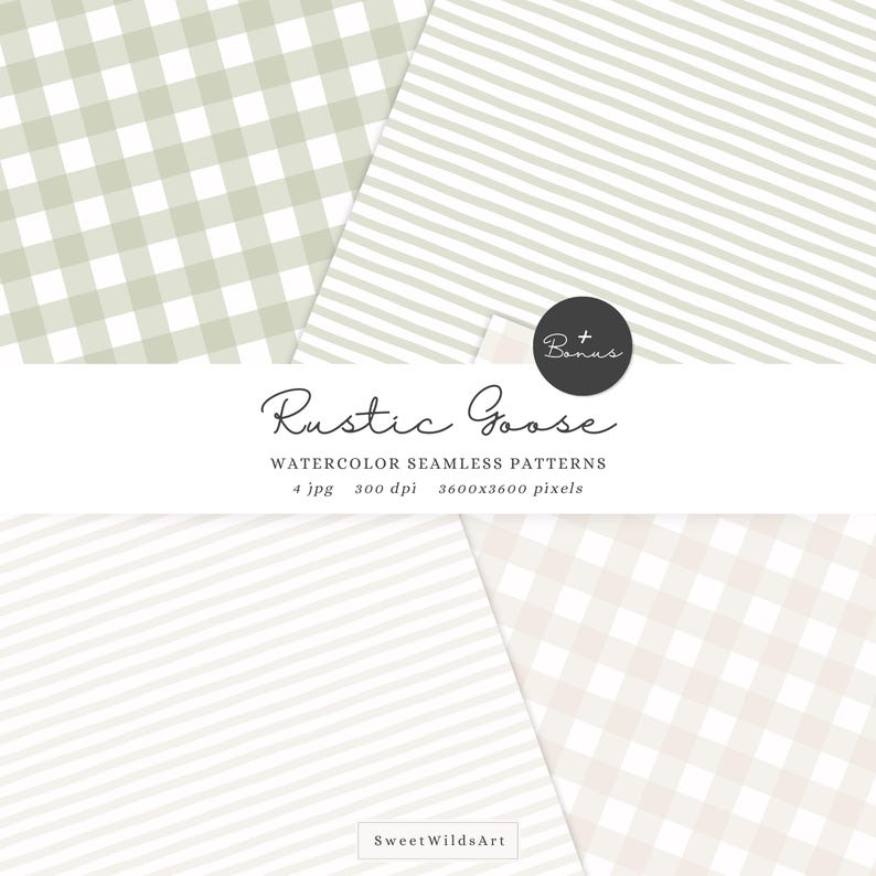 Pode incluir: Quatro padr&otilde;es de aquarela sem costura em uma paleta de cores neutras. Os padr&otilde;es incluem designs xadrez e listrados. O texto "Rustic Goose" &eacute; exibido em uma escrita elegante, juntamente com outros detalhes.