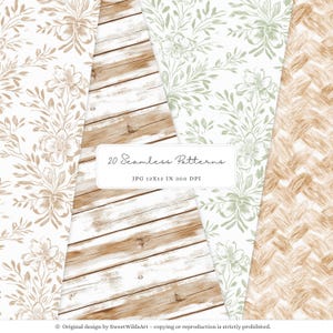 May include: A collection of 20 seamless patterns. The image features floral designs in beige and sage green, a wood grain pattern, and a woven texture. The text reads "20 Seamless Patterns" and "JPG 12x12 IN 300 DPI".