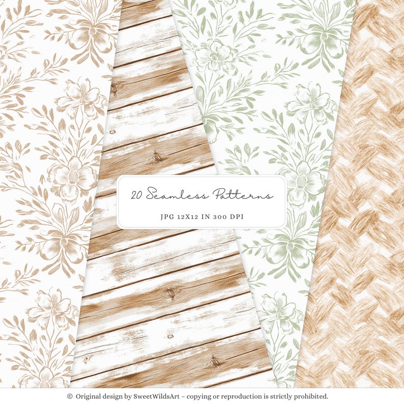 May include: A collection of 20 seamless patterns. The image features floral designs in beige and sage green, a wood grain pattern, and a woven texture. The text reads "20 Seamless Patterns" and "JPG 12x12 IN 300 DPI".