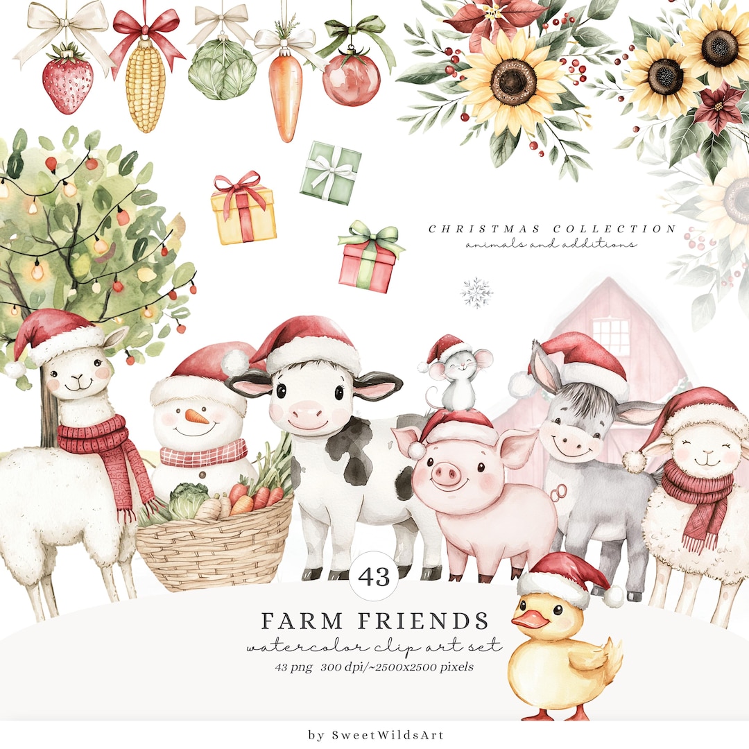 Watercolor Christmas Farm Animals Clipart PNG (digital Download) - Etsy
