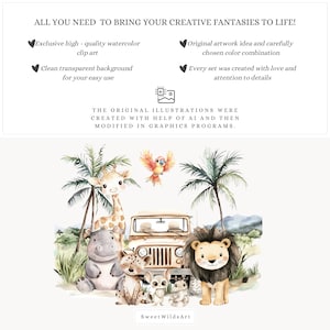 May include: Watercolor illustration of a safari scene with a jeep, a giraffe, a hippopotamus, a lion, and a bird. The animals are all smiling and looking happy. The background is a green jungle with palm trees.