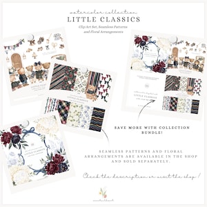 Watercolor Teddy Bears Clipart, Little Classics Kids Nursery Clipart, Vintage Toys PNG, Baby Shower Decor, Grandmillennial Digital Download image 2